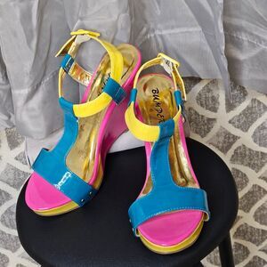 Bumper Funky Vibrant Pink Teal Yellow T-Strap Wedge Heel Platform Sandals